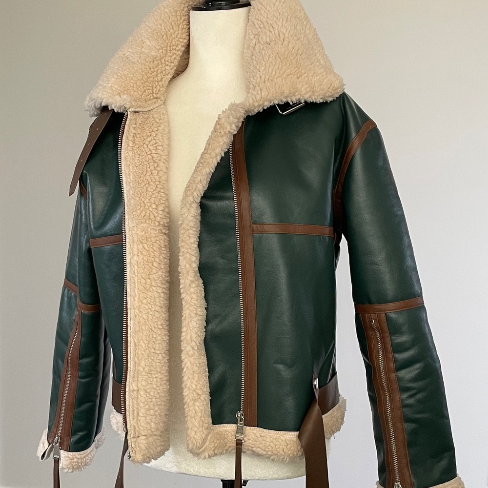 Bida Faux Shearling/Leather Green & Brown Bomber Jacket. Size M
